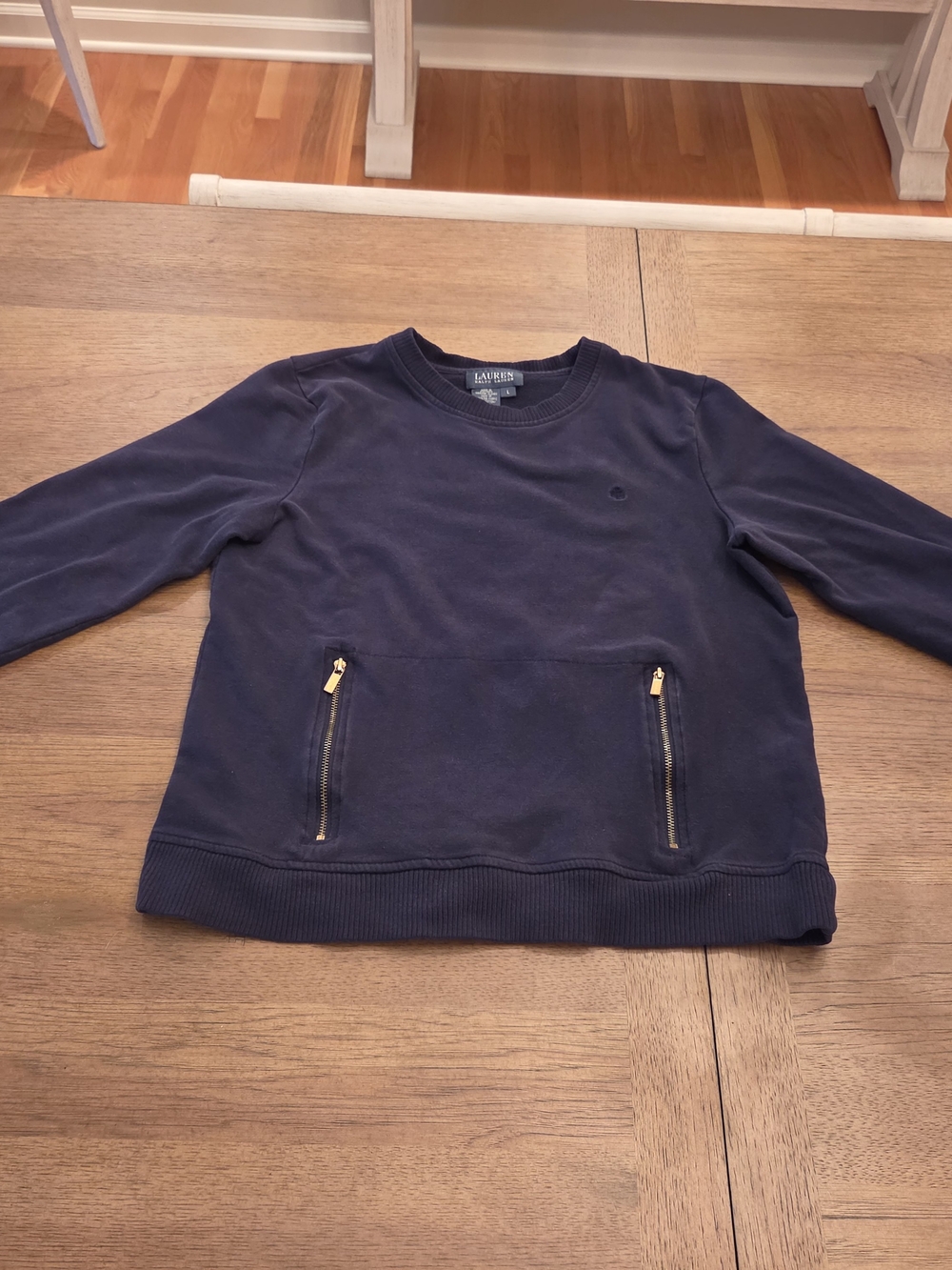Lauren Ralph Lauren Navy Crewneck Sweatshirt Gold Zipper Pockets Size Large